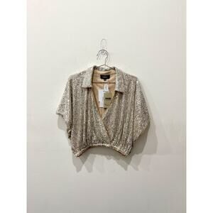 NWT AaKaa Sequin Plunging Wrap V-Neck Cropped Blouse Champagne Women's Medium